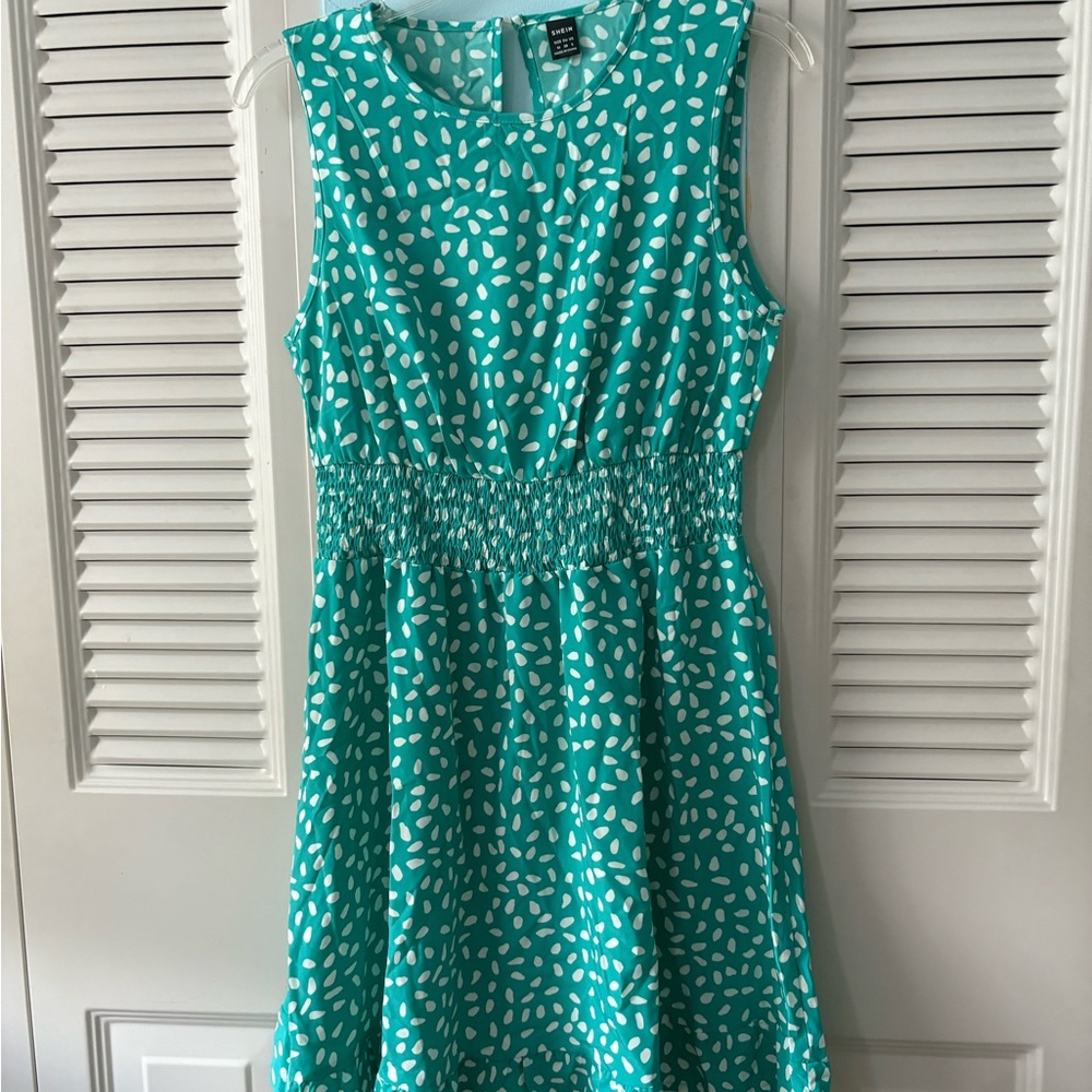 New SHEIN turquoise and white gathered waist dress with ruffles at bottom.